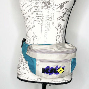 Vintage KAO Colorblock Tan and Turquoise Nylon Fanny Pack Waist Belt Bag